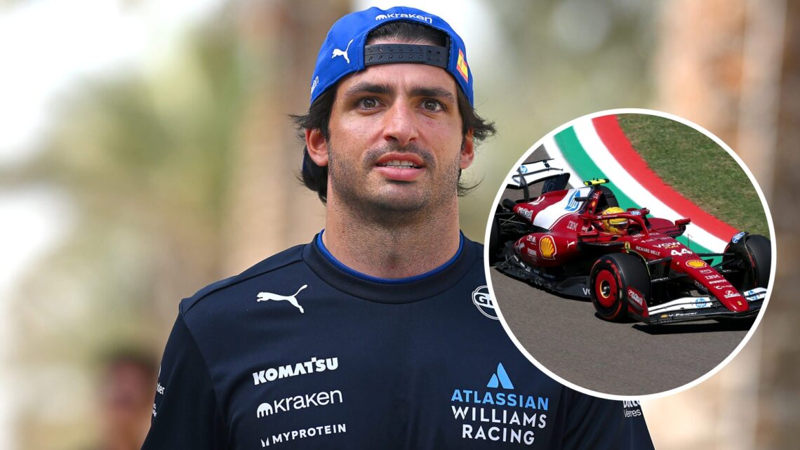 Image of Williams F1 driver Carlos Sainz walking in the paddock with an inset of Lewis Hamilton driving for Ferrari