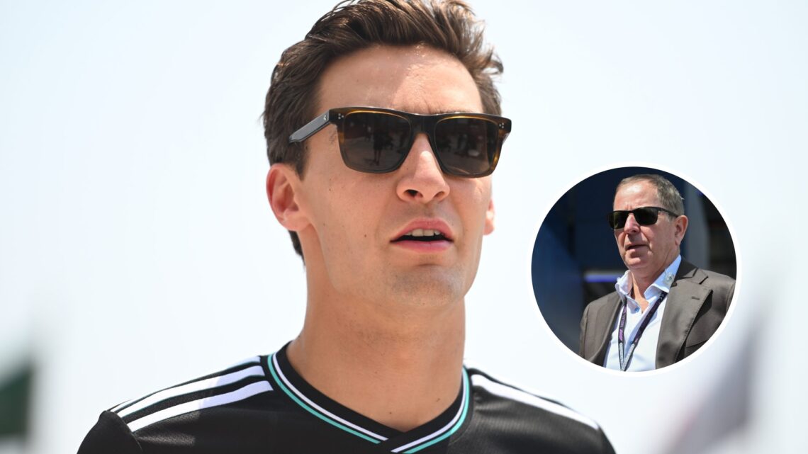 Image of Mercedes driver George Russell looking on in the F1 paddock with an inset of Martin Brundle