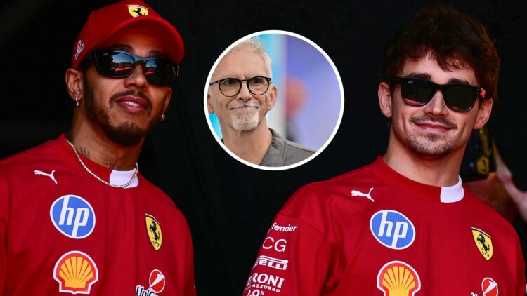 Lewis Hamilton (left) and Charles Leclerc (right) at the 2025 Emilia Romagna Grand Prix, inset, Damon Hill at the 2024 Sao Paulo Grand Prix