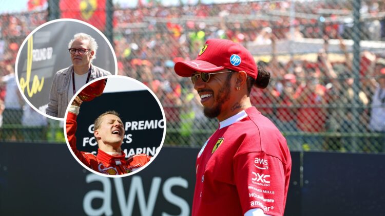 Lewis Hamilton standing in front of Ferrari fans at the 2025 Emilia Romagna Grand Prix, inset Jacques Villeneuve, inset Michael Schumacher