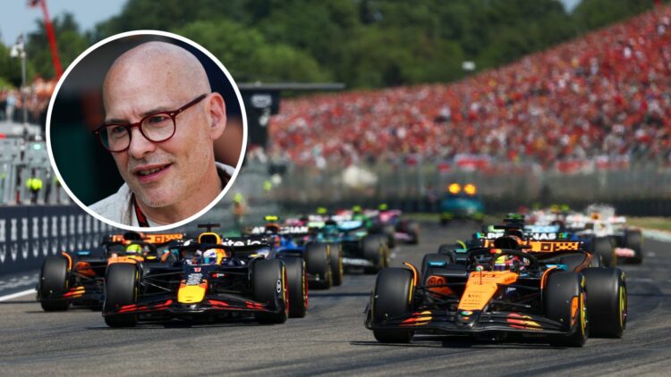 Max Verstappen overtakes Oscar Piastri at the start of the Emilia Romagna GP.