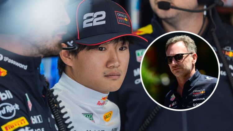 Yuki Tsunoda (left) at the Emilia Romagna Grand Prix, inset, Red Bull Racing team principal Christian Horner