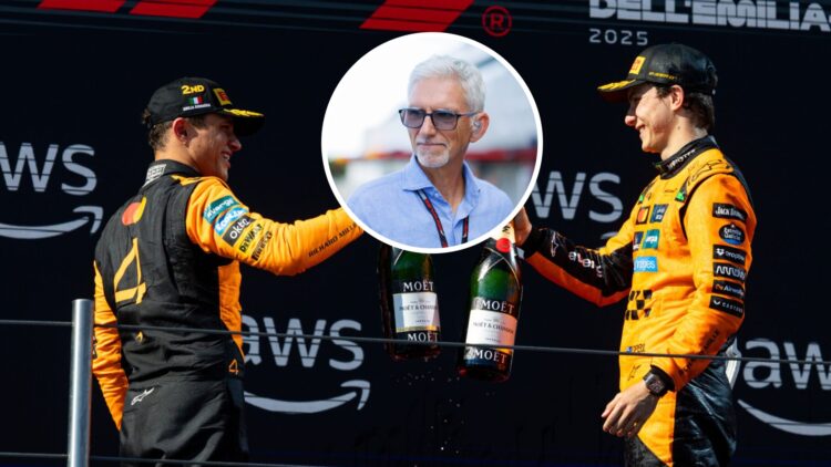 Lando Norris (left) and Oscar Piastri (right) celebrating at the 2025 Emilia Romagna Grand Prix, inset, Damon Hill