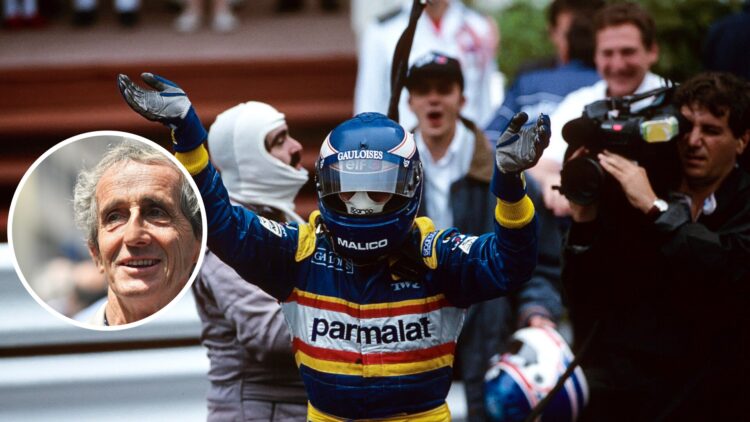 Oliver Panis (right) celebrating for Ligier after winning the 1996 Monaco Grand Prix, inset, Alain Prost