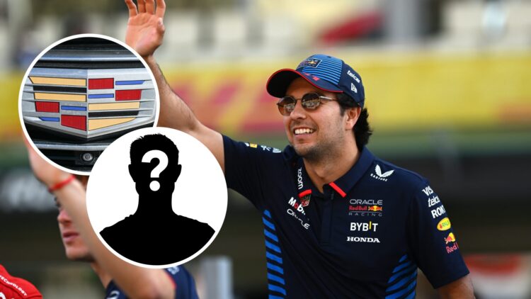 Sergio Perez (right) waving out of a car at the Mexico City Grand Prix, inset, a Cadillac badge