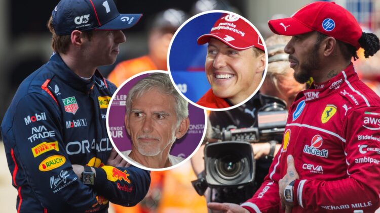 Max Verstappen (left) and Lewis Hamilton (right) talking at the 2025 Chinese Grand Prix, inset, Damon Hill and Michael Schumacher