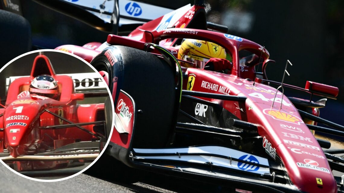 Image Lewis Hamilton driving in 2025 with an inset of Michael Schumacher racing for Ferrari in 1996
