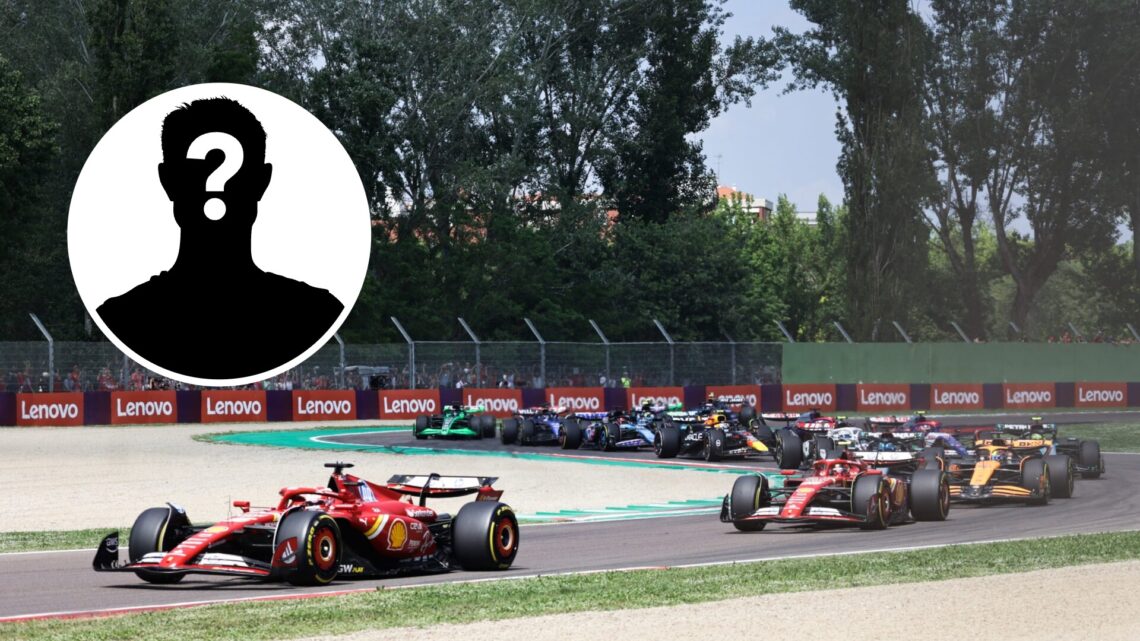 Charles Leclerc leading a group of cars at the start of the 2025 Emilia Romagna Grand Prix