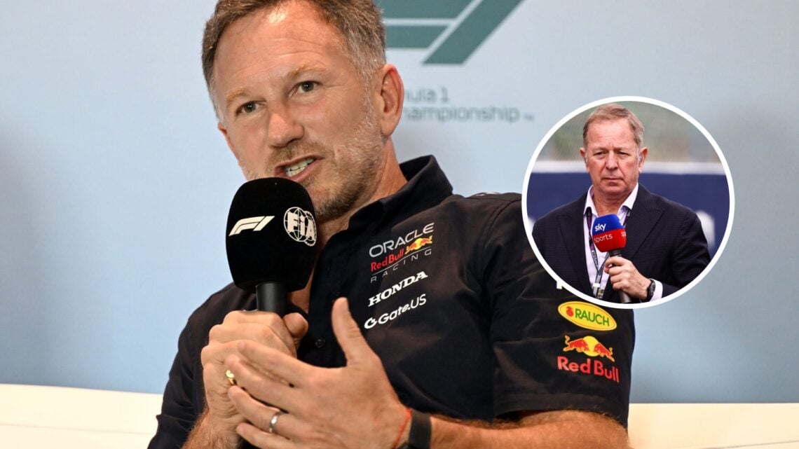 Image of Red Bull team principal Christian Horner in the Miami Grand Prix press conference with an inset of Martin Brundle