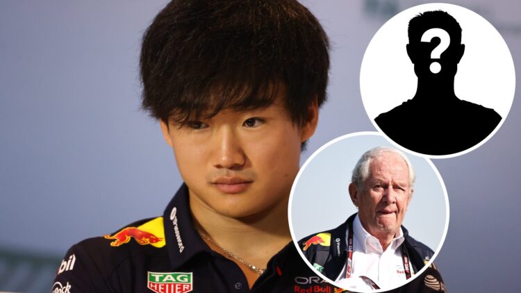 Yuki Tsunoda at the 2025 Miami Grand Prix, insets Helmut Marko and Mystery driver