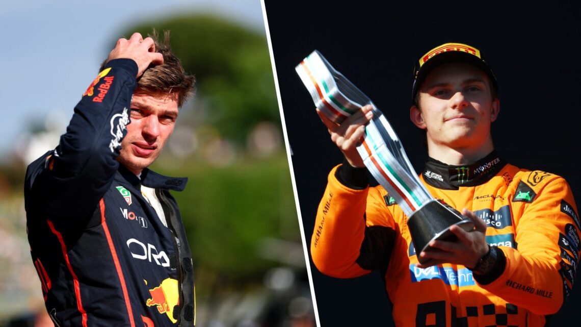 Red Bull driver Max Verstappen reacts after qualifying at Imola and McLaren driver Oscar Piastri celebrates P3 in the 2025 F1 Emilia Romagna Grand ...