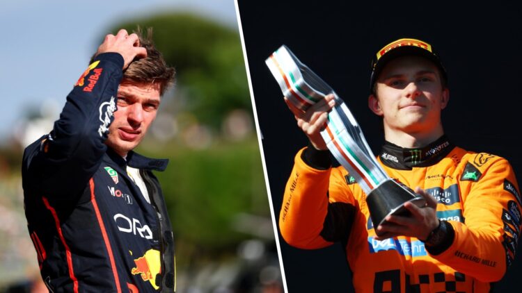 Red Bull driver Max Verstappen reacts after qualifying at Imola and McLaren driver Oscar Piastri celebrates P3 in the 2025 F1 Emilia Romagna Grand ...