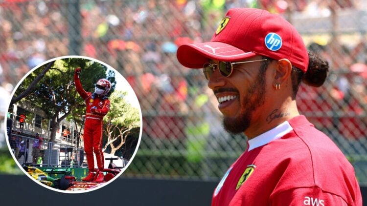 Ferrari driver Lewis Hamilton greets fans before the 2025 F1 Emilia Romagna Grand Prix at Imola with an inset of Charles Leclerc celebrating winnin...