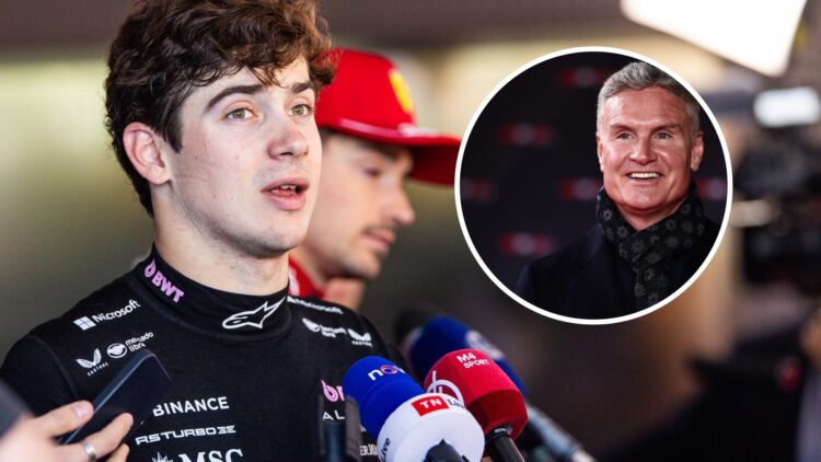 Franco Colapinto (left) speaking to the media at the Emilia Romagna Grand Prix, inset, David Coulthard