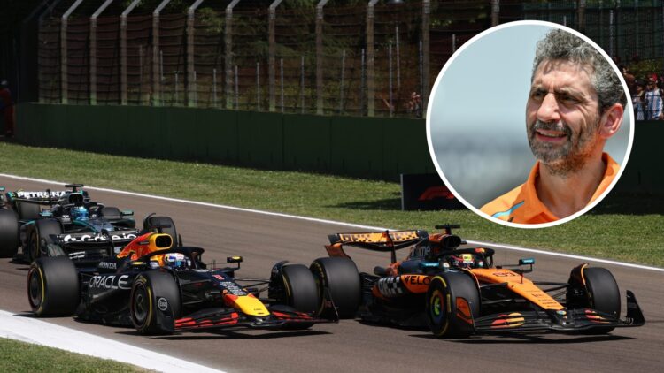 Max Verstappen of Red Bull and Oscar Piastri of McLaren at the 2025 Emilia Romagna Grand Prix and Andrea Stella