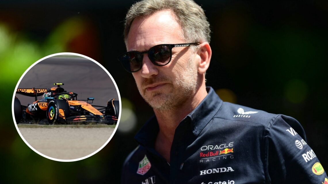 Image of Red Bull team principal Christian Horner walking in the F1 paddock with an inset of Lando Norris driving the McLaren