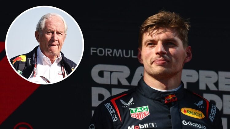 Red Bull driver Max Verstappen on the Imola podium after winning the 2025 F1 Emilia Romagna Grand Prix with an inset of motorsport adviser Helmut M...