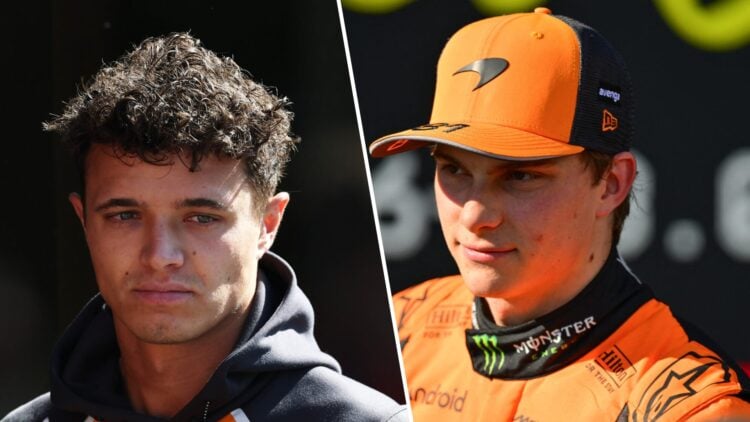 McLaren driver Lando Norris in the Imola paddock and Oscar Piastri reacts after scoring pole for the 2025 F1 Emilia Romagna Grand Prix