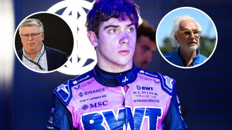 Franco Colapinto (centre) at the Emilia Romagna Grand Prix, inset left, Otmar Szafnauer, inset right, Flavio Briatore