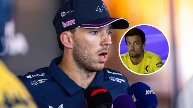 Alpine driver Pierre Gasly (left) taking part in an interview after the 2025 Emilia Romagna Grand Prix, inset, Jolyon Palmer