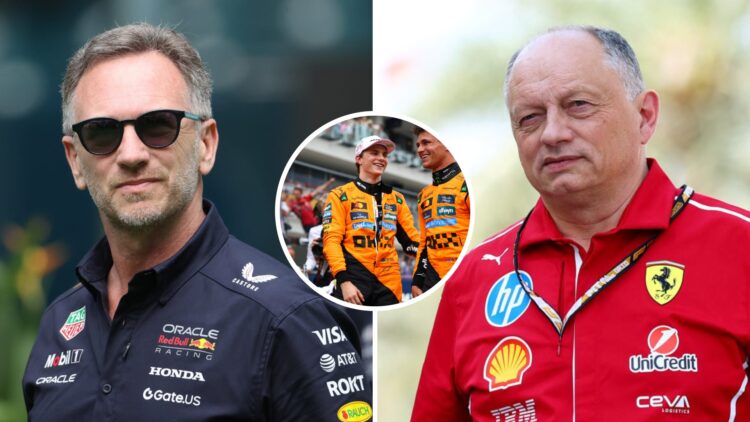 Red Bull team principal Christian Horner in the 2025 F1 Miami Grand Prix paddock and Ferrari team principal Fred Vasseur in the 2025 Bahrain GP pad...