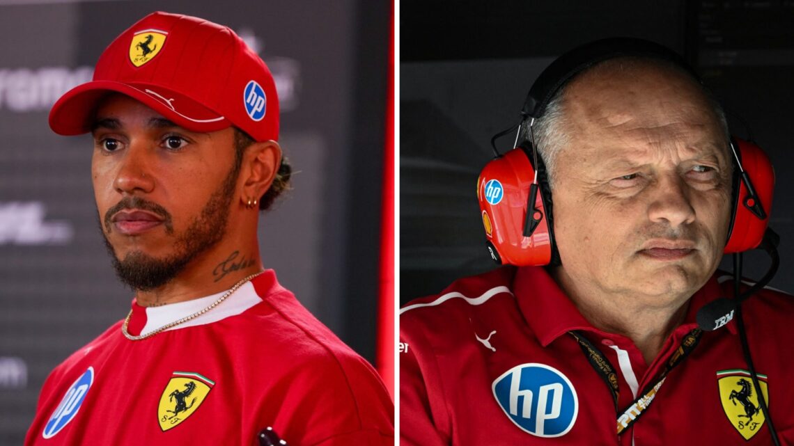 Split image of Ferrari driver Lewis Hamilton in an interview and team boss Fred Vasseur on the pit wall