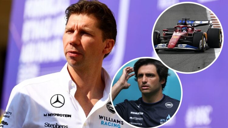 Williams team principal James Vowles, insets Carlos Sainz and Charles Leclerc in the SF-25