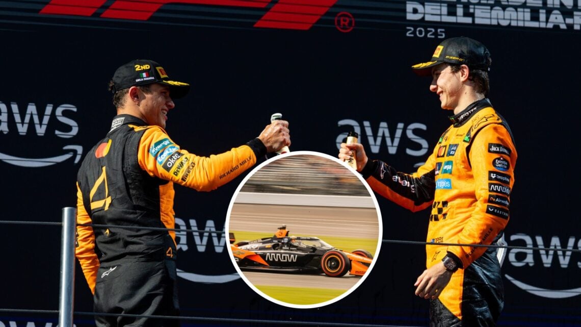 Image of McLaren drivers Lando Norris and Oscar Piastri on the podium with an inset of Pato O'Ward driving at the Indy500
