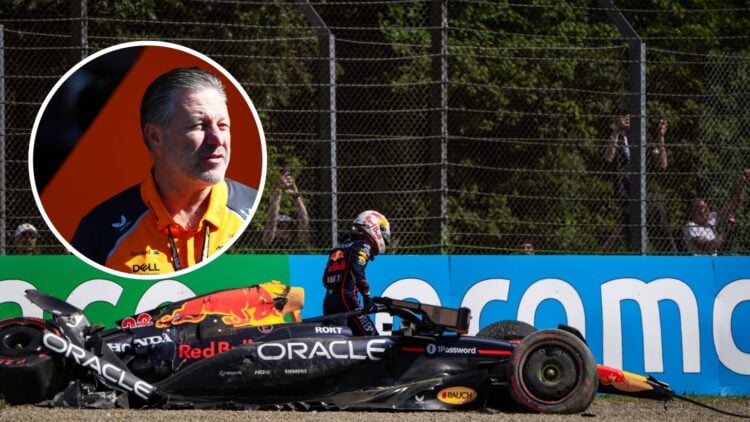 Red Bull Racing driver Yuki Tsunoda at the Emilia Romagna Grand Prix after crashing during qualifying, inset, McLaren CEO Zak Brown