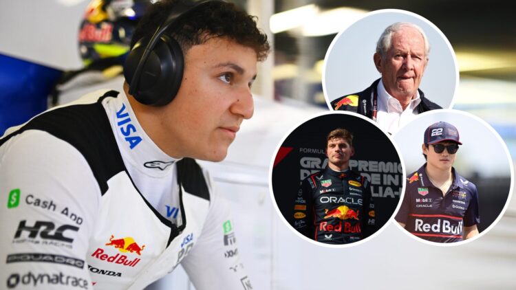 Racing Bulls driver Isack Hadjar in the garage before his F1 debut at the 2025 Australian Grand Prix with insets of Helmut Marko, Max Verstappen an...