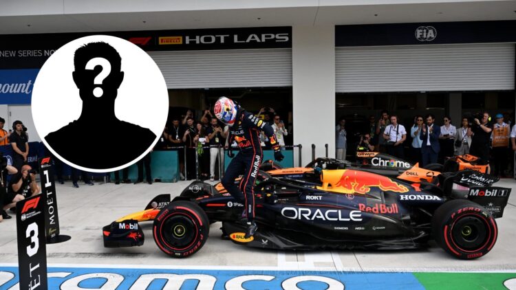 Image of Red Bull driver Max Verstappen celebrating Miami Grand Prix pole position with an inset of a mystery F1 driver