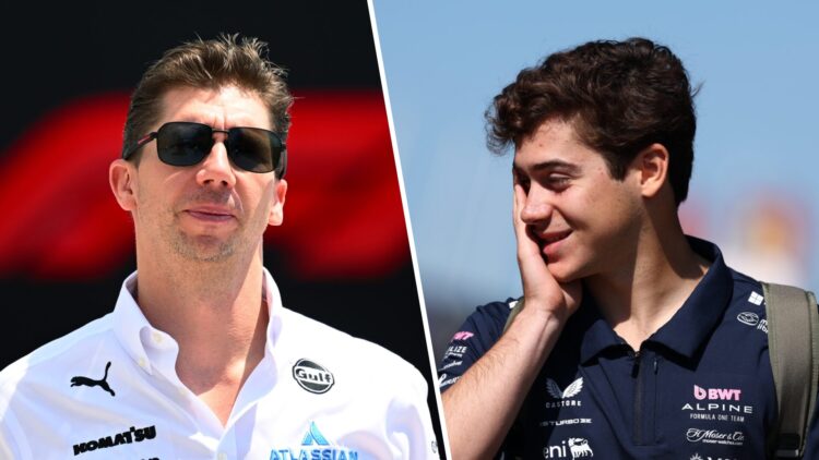 Williams team principal James Vowles in the Jeddah paddock at the 2025 Saudi Arabian GP and Alpine driver Franco Colapinto in the Imola paddock at ...