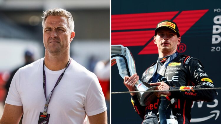 Ralf Schumacher (left) in the Monaco Grand Prix paddock, Max Verstappen (right) standing on the podium at the 2025 Emilia Romagna Grand Prix