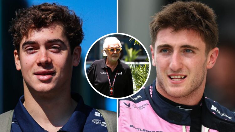 Alpine driver Franco Colapinto in the Imola paddock at the 2025 F1 Emilia Romagna Grand Prix and Jack Doohan in the Miami paddock with an inset of ...