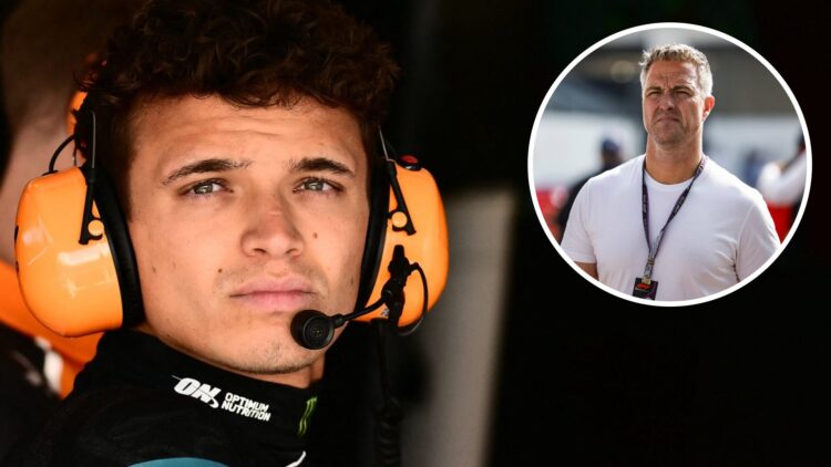 McLaren driver Lando Norris on the pit wall at Imola with an inset of Ralf Schumacher