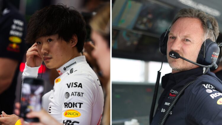 Yuki Tsunoda (left) adjusting his earphones, Christian Horner (right) leaning back on the Red Bull pit wall