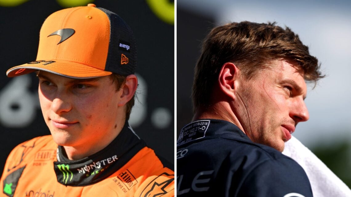 Split image of McLaren driver Oscar Piastri and Red Bull star Max Verstappen in parc ferme