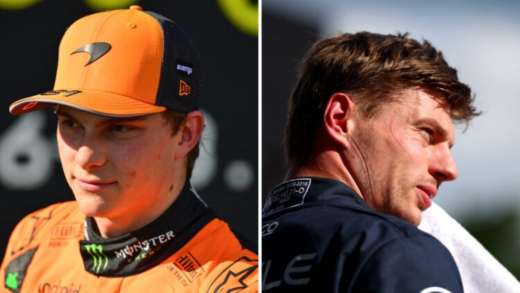 Split image of McLaren driver Oscar Piastri and Red Bull star Max Verstappen in parc ferme