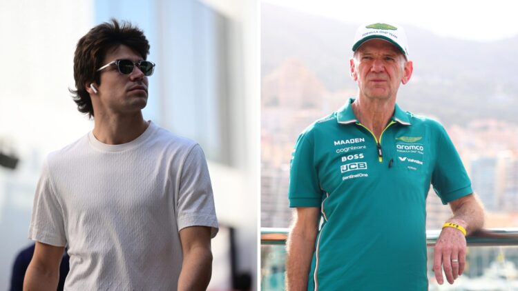 Split image of Aston Martin F1 driver Lance Stroll walking in the paddock and Adrian Newey looking on
