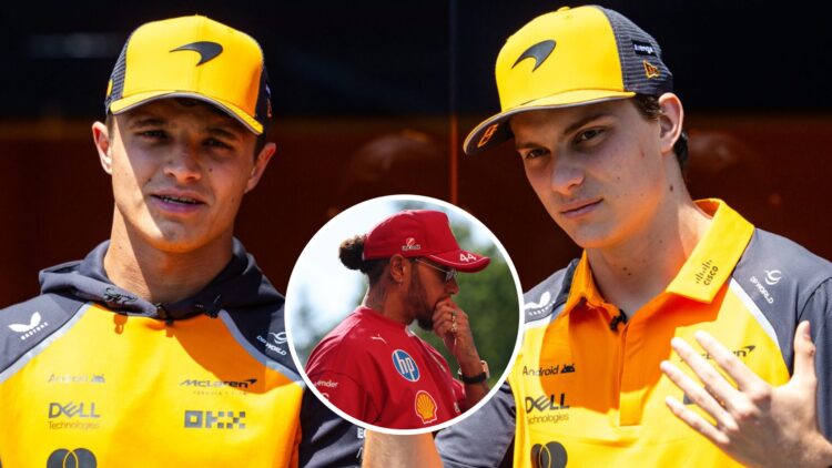 McLaren drivers Lando Norris and Oscar Piastri at Imola before the 2025 F1 Emilia Romagna Grand Prix with an inset of Ferrari star Lewis Hamilton