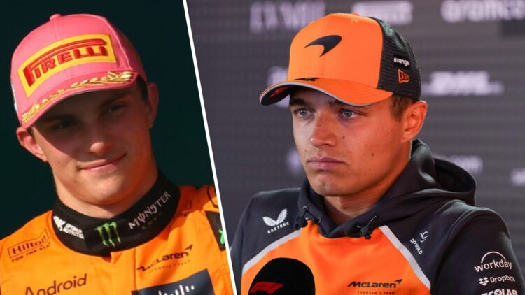 McLaren driver Oscar Piastri celebrates winning the 2025 F1 Miami Grand Prix and Lando Norris speaks to the media at Imola