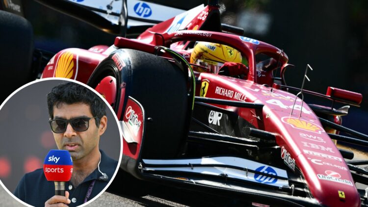 Image of Lewis Hamilton driving the Ferrari F1 car with an inset of Karun Chandhok