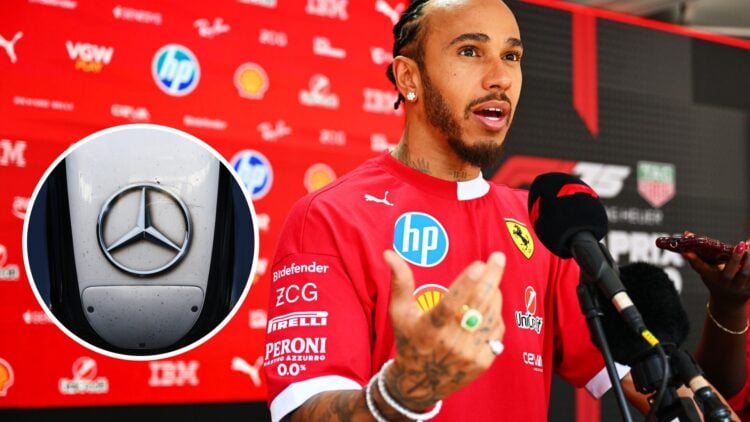 Image of Ferrari F1 driver Lewis Hamilton in an interview with an inset of a Mercedes logo