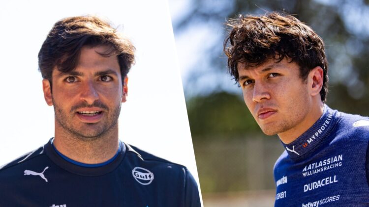 Williams driver Carlos Sainz and Alex Albon in the Imola paddock at the 2025 F1 Emilia Romagna Grand Prix