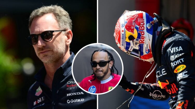 Split image of Red Bull team principal Christian Horner walking in the F1 paddock and Max Verstappen celebrating with an inset of Lewis Hamilton