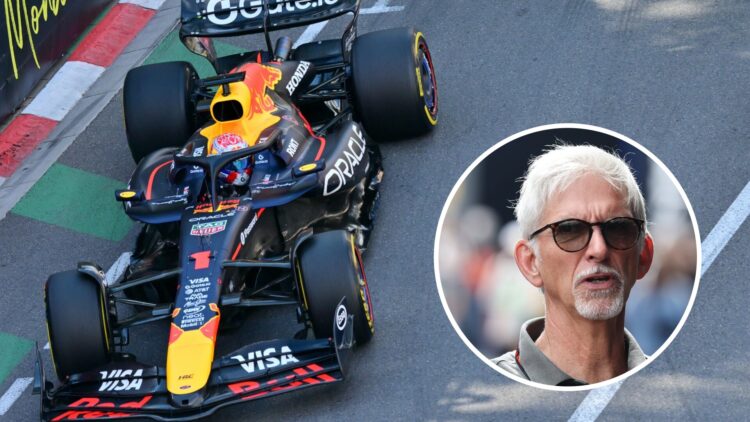 Split image of Max Verstappen driving his Red Bull at the Monaco Grand Prix with an inset of Damon Hill