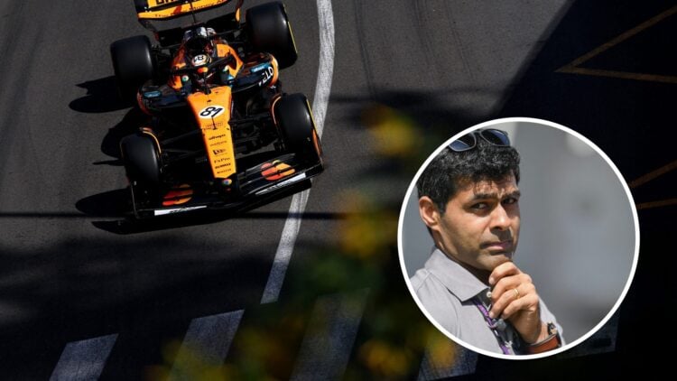 Oscar Piastri during practice at the 2025 Monaco Grand Prix, inset Karun Chandhok