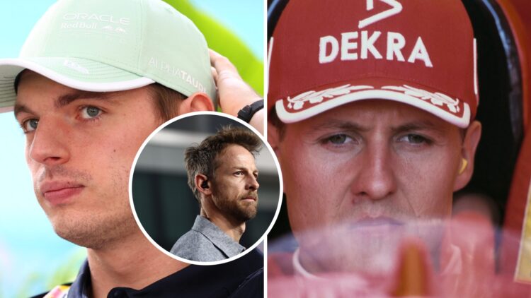 Max Verstappen (left) at the Miami Grand Prix, Michael Schumacher (right) sitting in a Ferrari F1 car, inset, Jenson Button at the 2024 Qatar Grand...