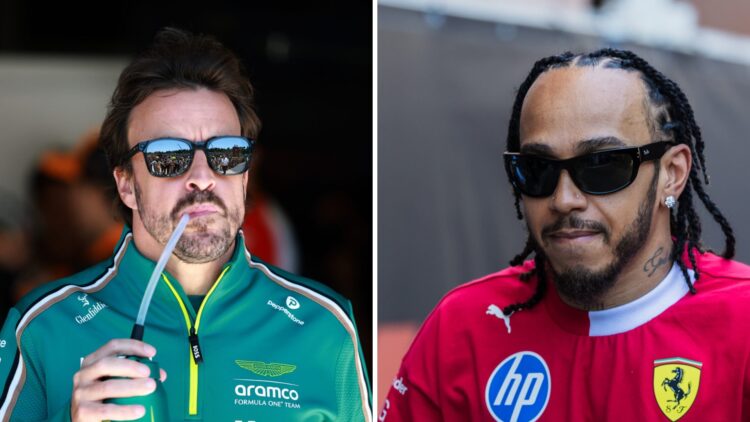 Split of Aston Martin driver Fernando Alonso and Ferrari star Lewis Hamilton, both walking in the F1 paddock