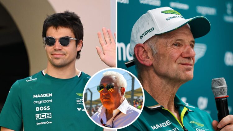 Split image of Aston Martin F1 driver Lance Stroll waving at fans and Adrian Newey in an interview with an inset of Lawrence Stroll